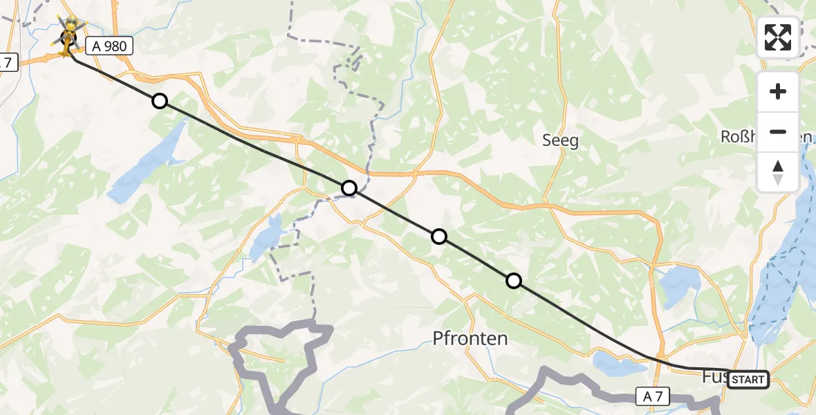 Flugroute Rettungshubschrauber Füssen - Kempten-Durach Flugplatz, 23 Juni 2026, 10:49