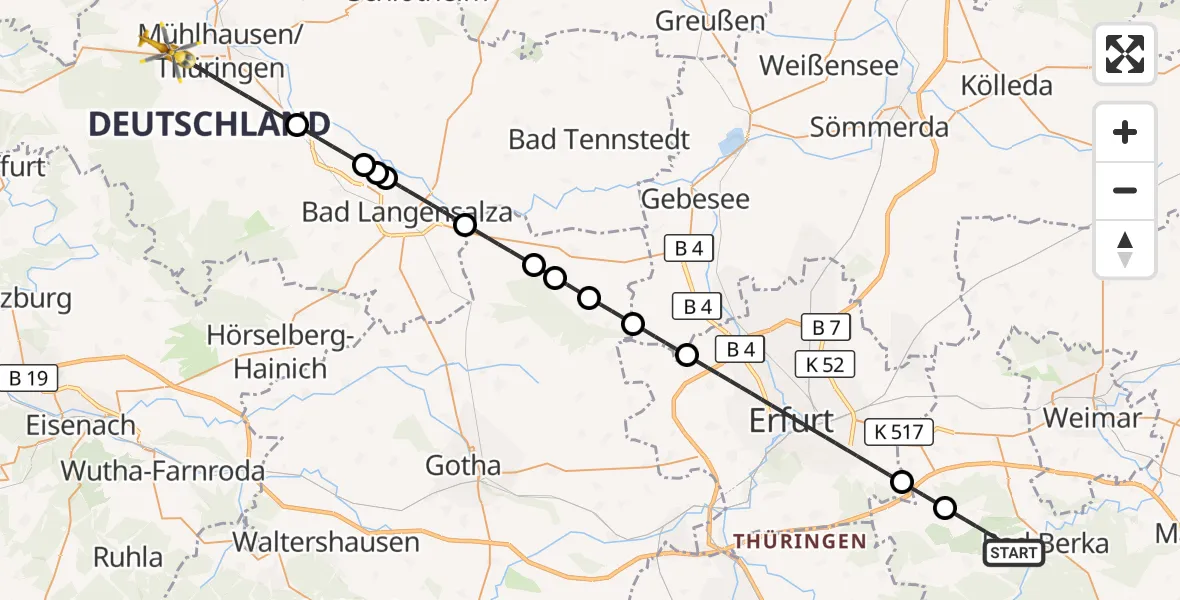Flugroute Ambulanzhubschrauber Bad Berka - Mühlhausen/Thüringen, 23 Juni 2026, 10:53
