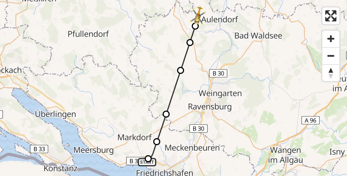 Flugroute Rettungshubschrauber Friedrichshafen Hospital - Ebersbach-Musbach, 23 Juni 2026, 10:54