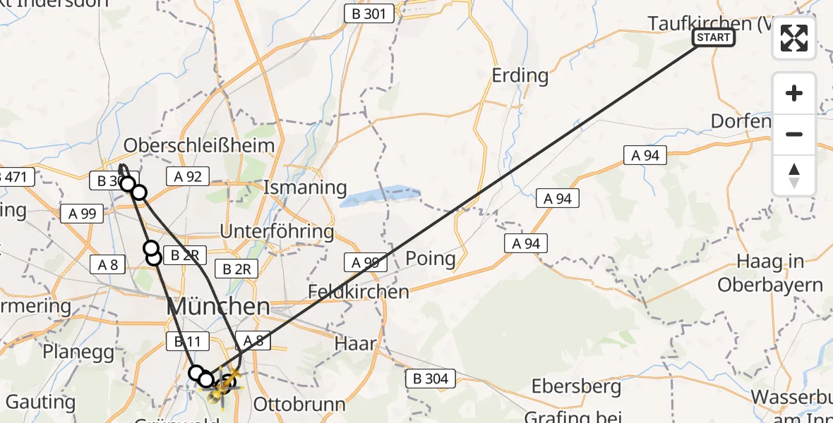Flugroute Rettungshubschrauber Taufkirchen (Vils) - Perlacher Forst, 23 Juni 2026, 10:59