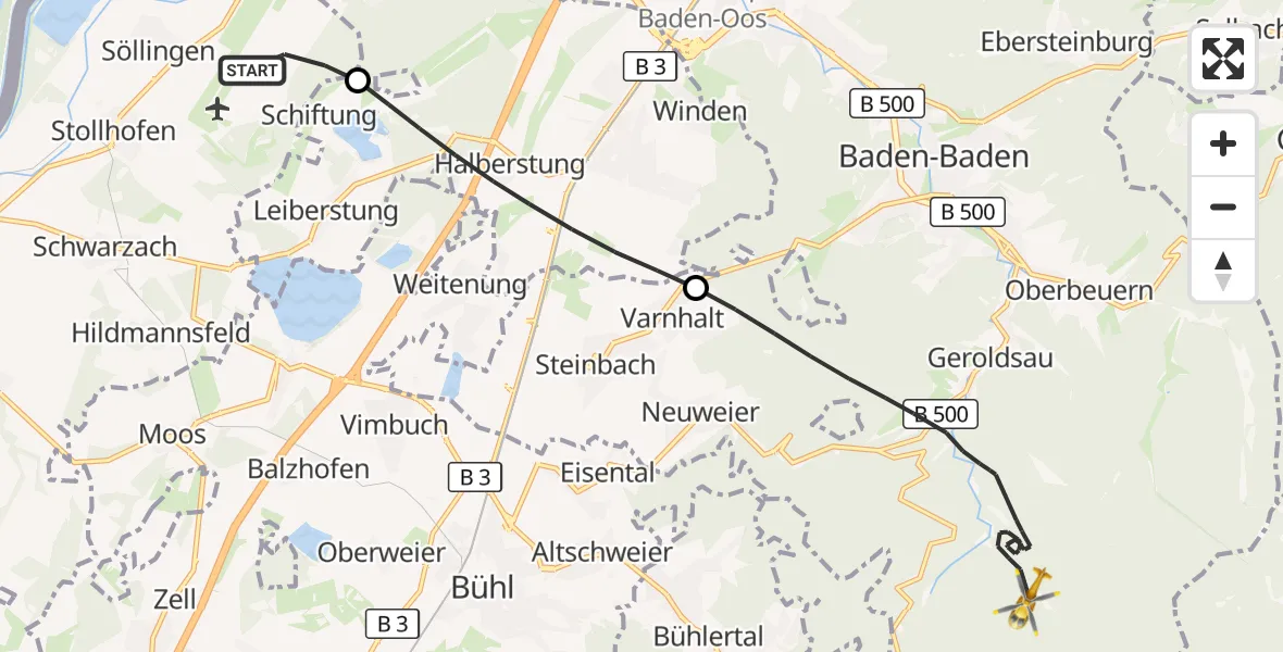 Flugroute Rettungshubschrauber Karlsruhe Baden-Baden Flughafen - Baden-Baden, 23 Juni 2026, 11:00