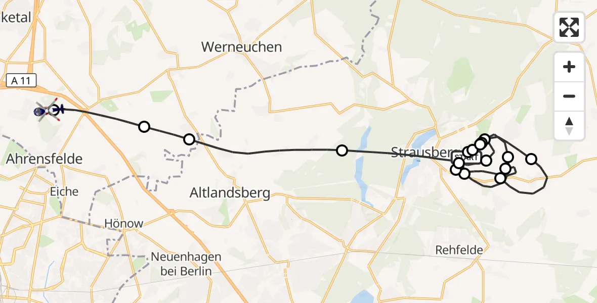Flugroute Polizeihubschrauber Strausberg Flugplatz - Ahrensfelde Hubschrauberlandeplatz, 23 Juni 2026, 11:03