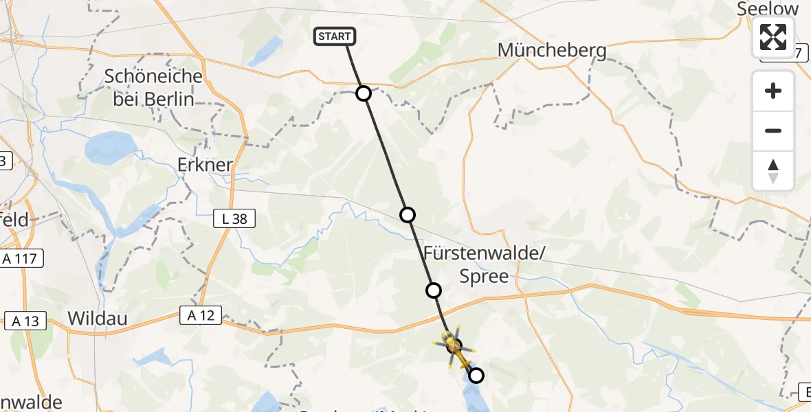 Flugroute Rettungshubschrauber Rehfelde - Bad Saarow, 23 Juni 2026, 11:03