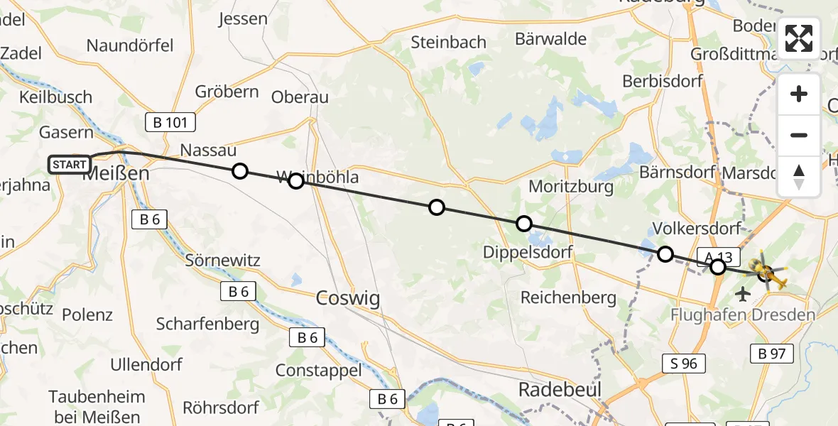 Flugroute Rettungshubschrauber Meißen - Dresden Bundespolizei Hubschrauberlandeplatz, 23 Juni 2026, 11:03