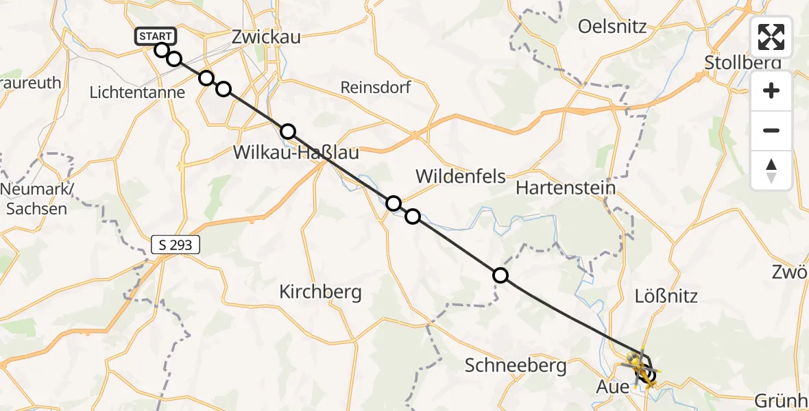 Flugroute Rettungshubschrauber ADAC Air Rescue Station Zwickau Hubschrauberlandeplatz - Helios Clinic Aue, 23 Juni 2026, 11:07