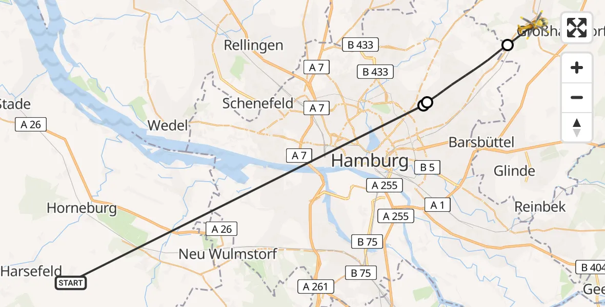 Flugroute Rettungshubschrauber Harsefeld - Ahrensburg, 23 Juni 2026, 11:08