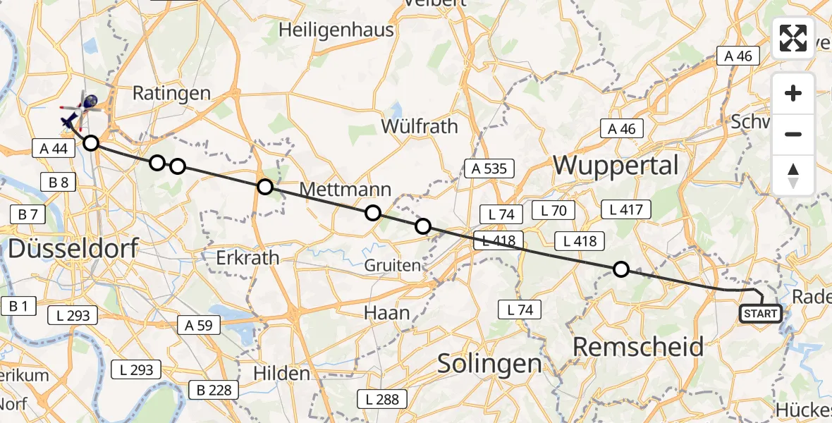 Flugroute Polizeihubschrauber Remscheid - Düsseldorf Flughafen, 23 Juni 2026, 11:08
