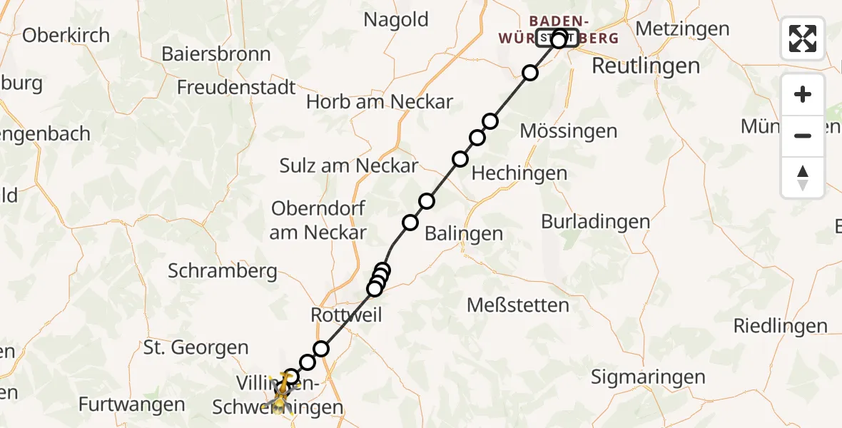 Flugroute Ambulanzhubschrauber Tübingen University Hospital - DRF Air Rescue Station Villingen-Schwenningen Hubschrauberlandeplatz (Christoph 11), 23 Juni 2026, 11:10