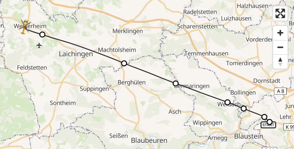 Flugroute Rettungshubschrauber Ulm Military Hospital Emergency - Westerheim, 23 Juni 2026, 11:14