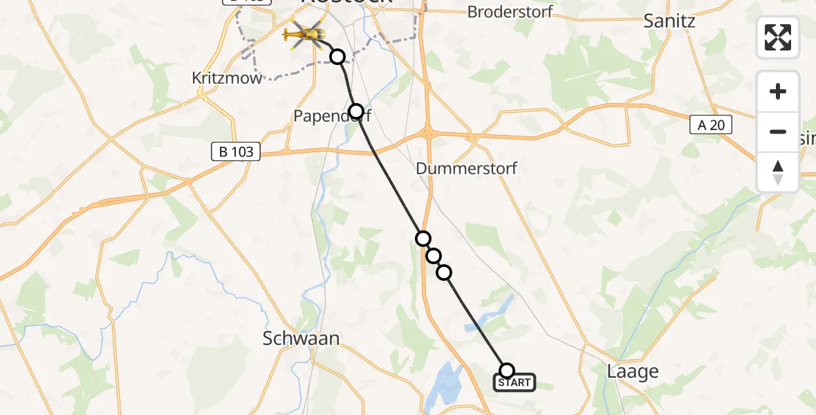 Flugroute Rettungshubschrauber Flughafen Rostock-Laage - Rostock, 23 Juni 2026, 11:16