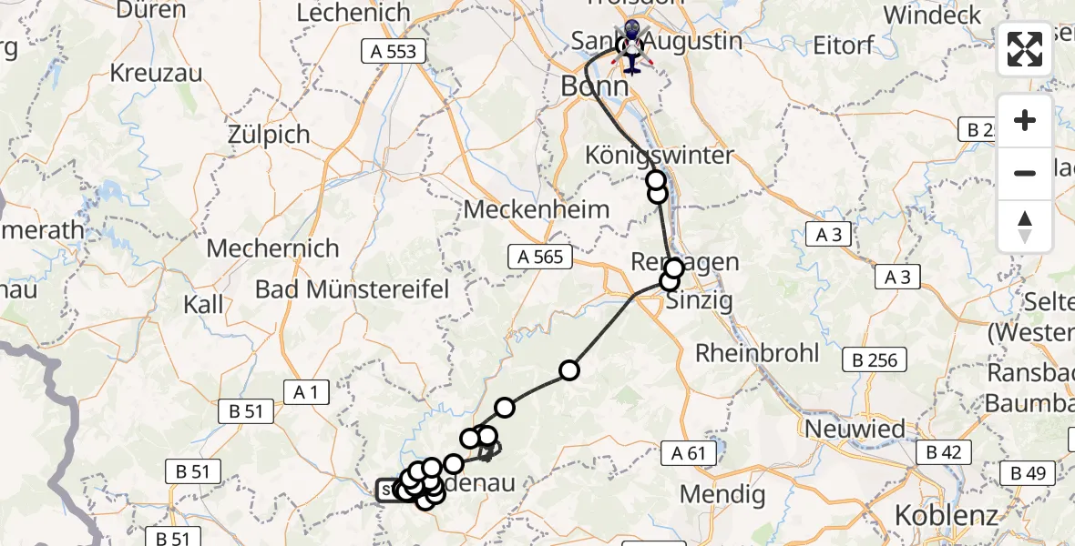 Flugroute Polizeihubschrauber Müsch - Sankt Augustin, 23 Juni 2026, 11:17