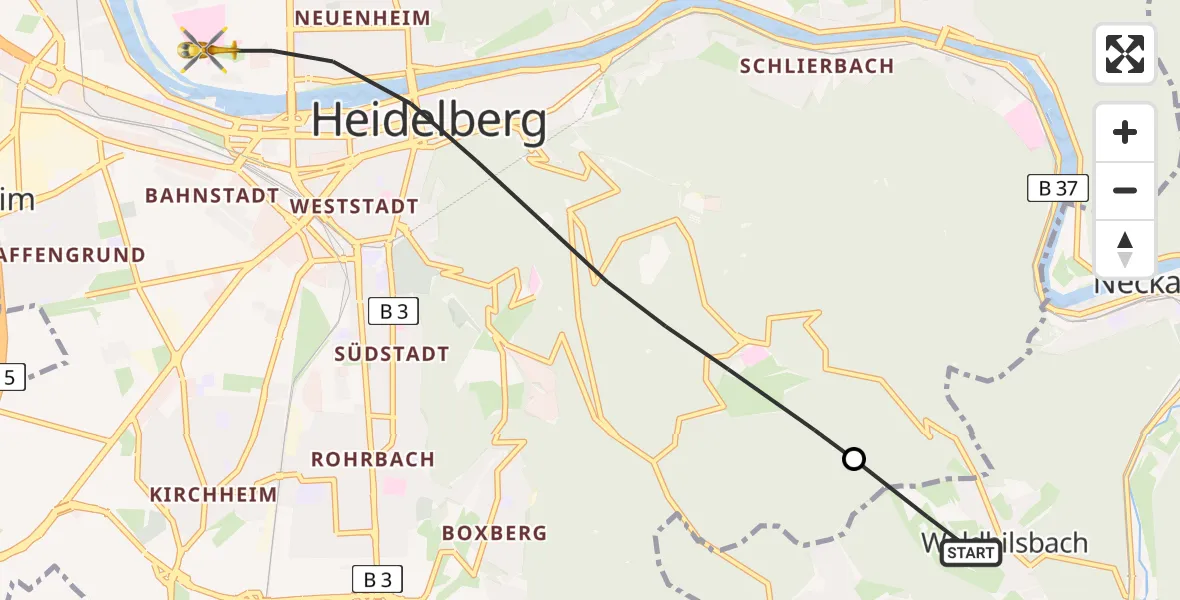 Flugroute Rettungshubschrauber Neckargemünd - Heidelberg, 23 Juni 2026, 11:18