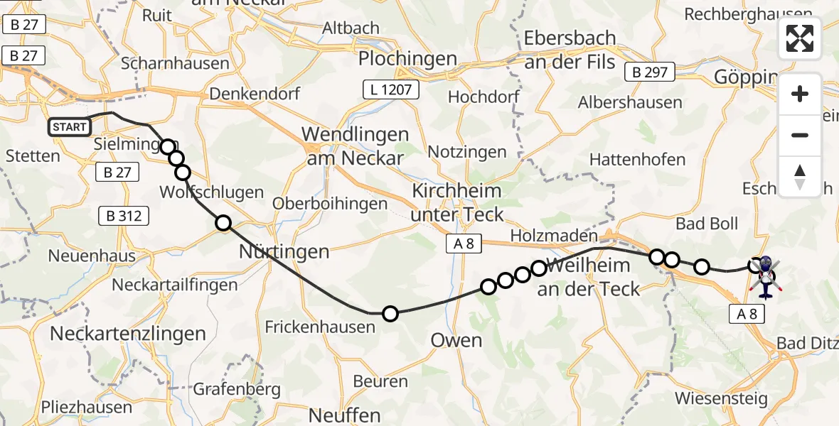 Flugroute Polizeihubschrauber Flughafen Stuttgart - Gruibingen, 23 Juni 2026, 11:22