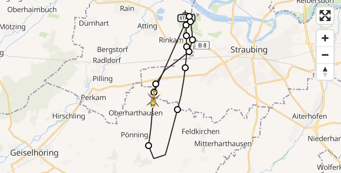 Flugroute Ambulanzhubschrauber Straubing Flughafen - Geiselhöring, 23 Juni 2026, 11:24
