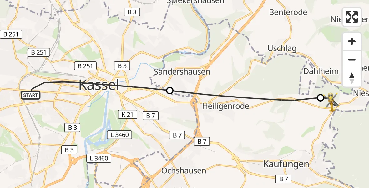 Flugroute Rettungshubschrauber Kassel - Nieste, 23 Juni 2026, 11:26