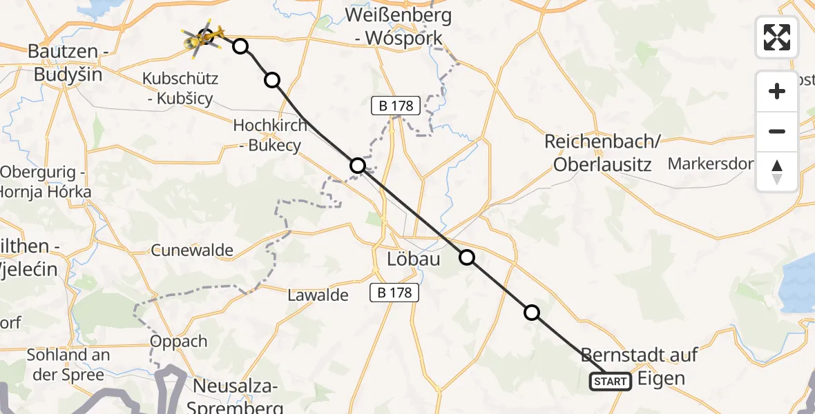 Flugroute Rettungshubschrauber Bernstadt a.d.Eigen - Bautzen Flugplatz, 23 Juni 2026, 11:29