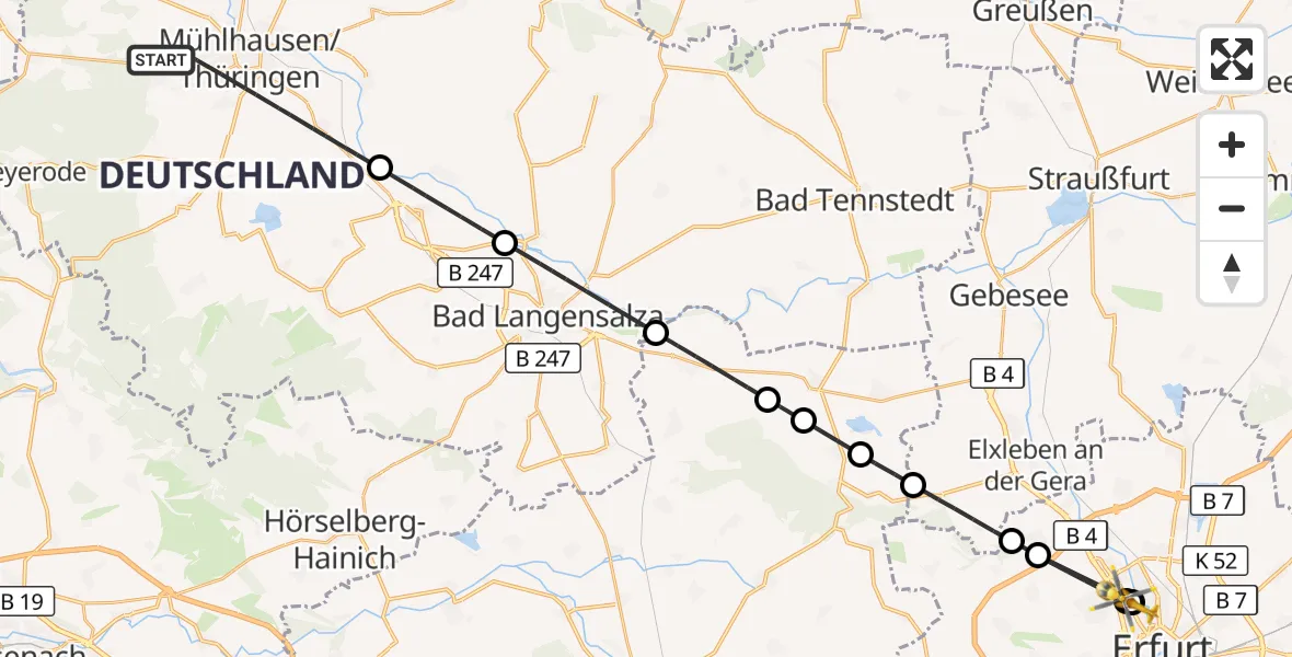 Flugroute Ambulanzhubschrauber Mühlhausen/Thüringen - Helios Clinic Erfurt Hubschrauberlandeplatz, 23 Juni 2026, 11:30