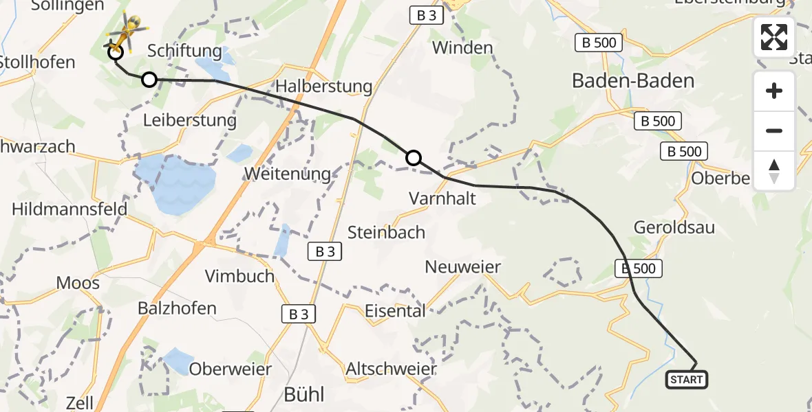 Flugroute Rettungshubschrauber Baden-Baden - Karlsruhe Baden-Baden Flughafen, 23 Juni 2026, 11:32