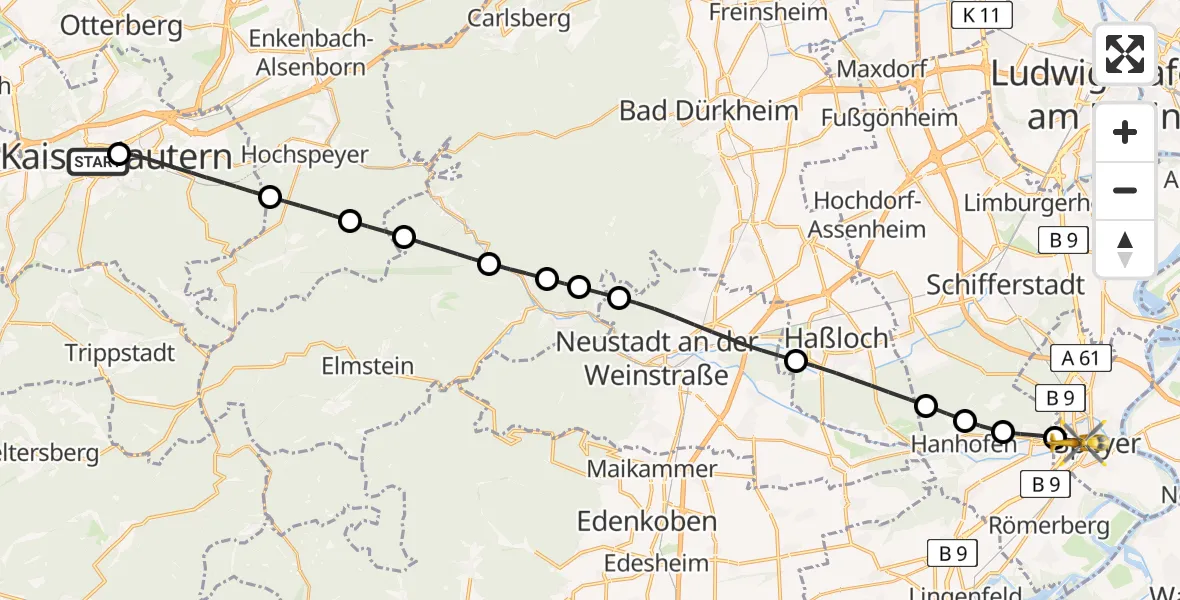 Flugroute Rettungshubschrauber Westpfalz Hospital Kaiserslautern - Speyer, 23 Juni 2026, 11:33