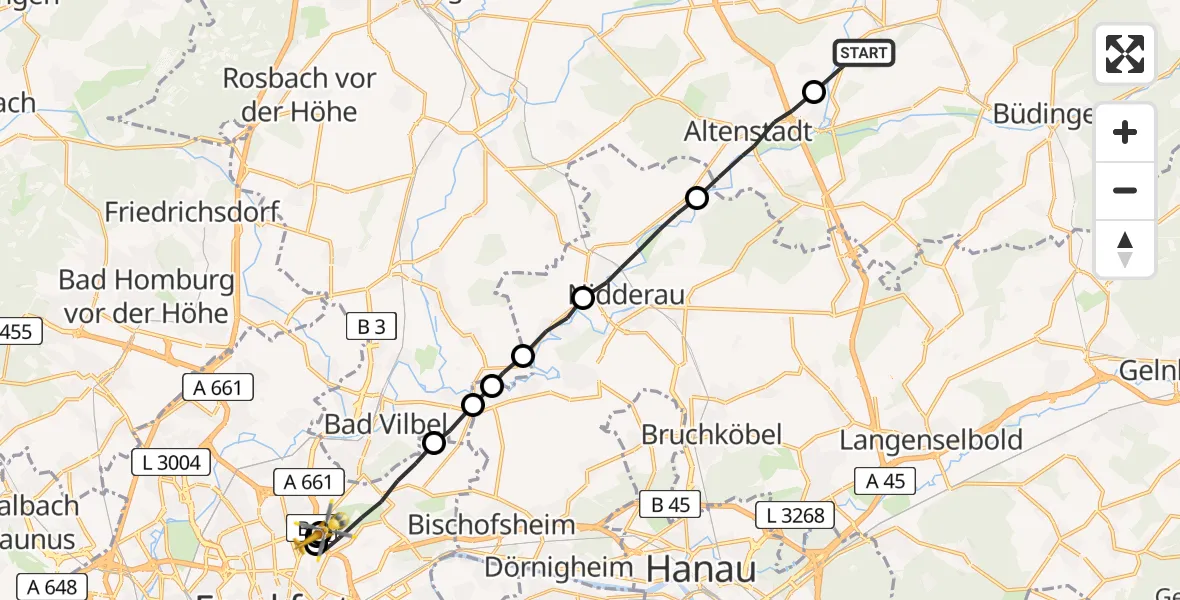Flugroute Rettungshubschrauber Glauburg - Frankfurt am Main Accident Hospital Roof, 23 Juni 2026, 11:36