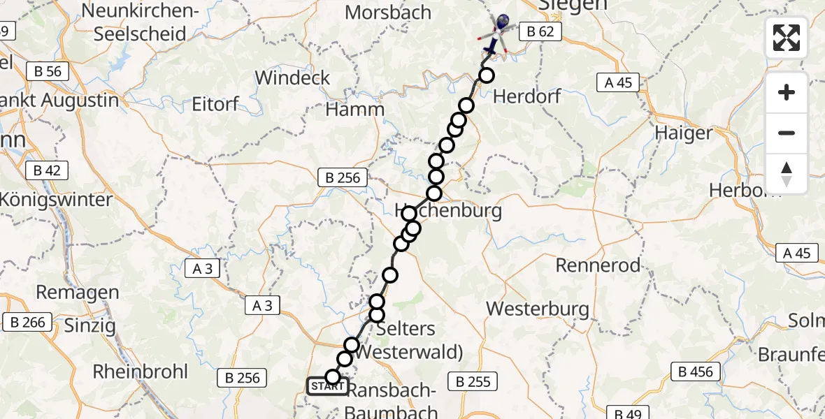 Flugroute Polizeihubschrauber Sessenbach - Niederfischbach, 23 Juni 2026, 11:36
