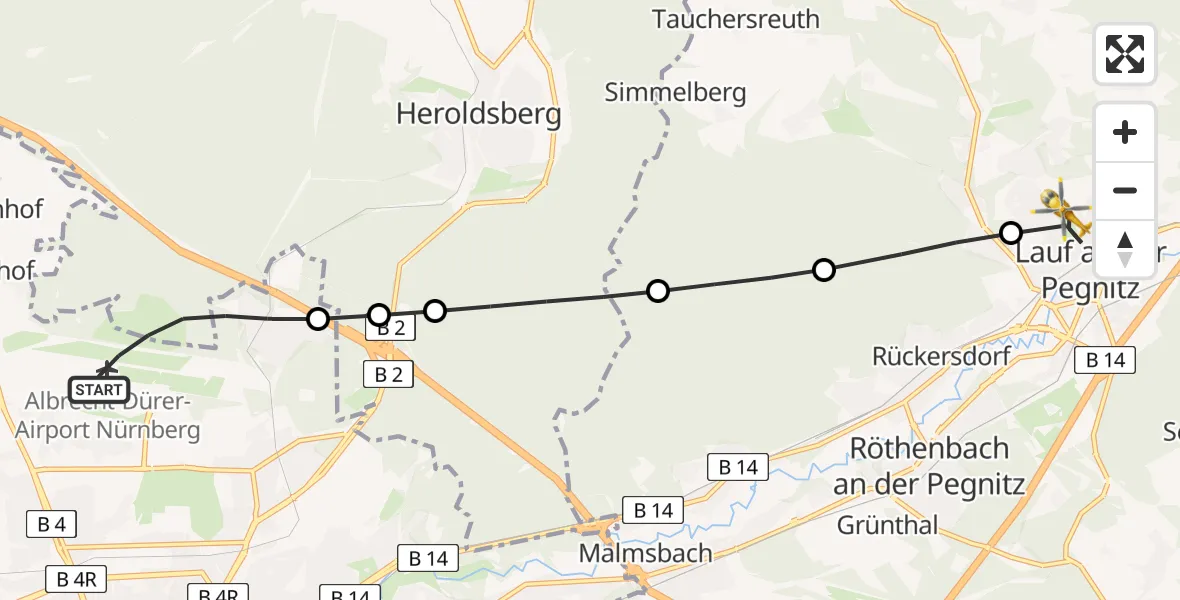 Flugroute Rettungshubschrauber Flughafen Nuremberg - Lauf a.d.Pegnitz, 23 Juni 2026, 11:40