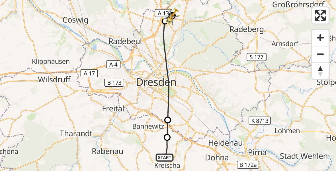 Flugroute Rettungshubschrauber Kreischa - Dresden Flughafen, 23 Juni 2026, 11:42
