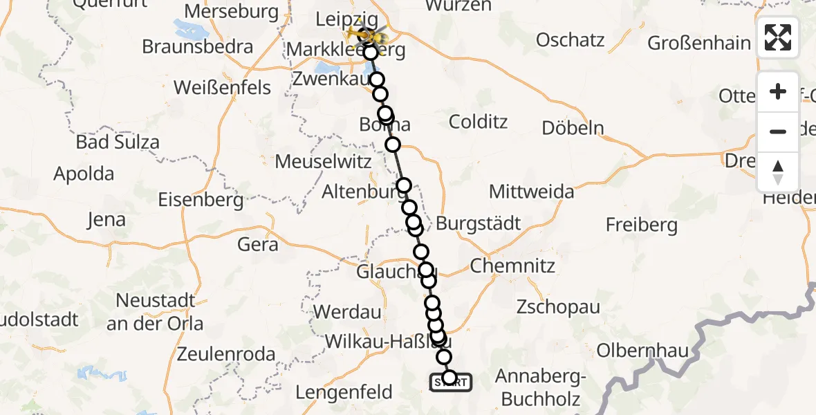 Flugroute Rettungshubschrauber Helios Clinic Aue - Leipzig Heart Center Ground Hubschrauberlandeplatz, 23 Juni 2026, 11:49