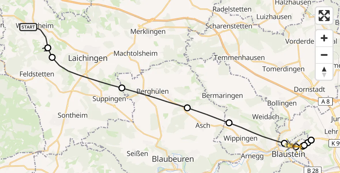 Flugroute Rettungshubschrauber Westerheim - Blaustein, 23 Juni 2026, 11:50