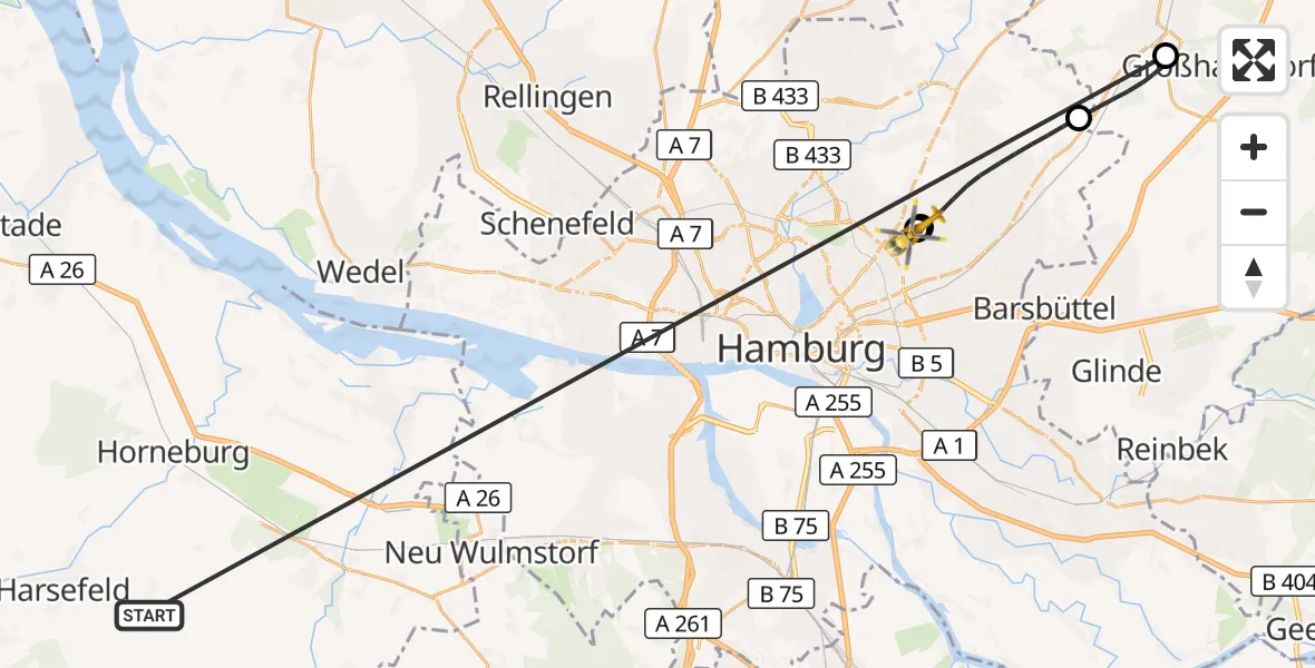 Flugroute Rettungshubschrauber Harsefeld - Hamburg Military Hospital, 23 Juni 2026, 11:50