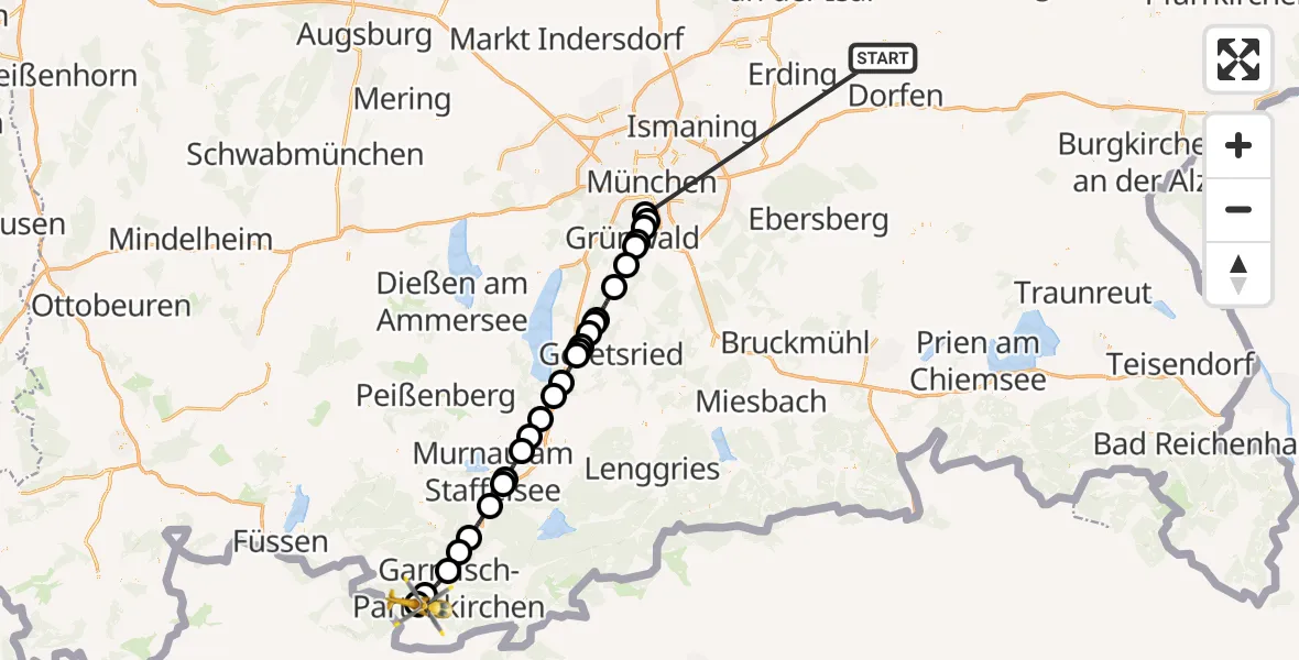 Flugroute Rettungshubschrauber Taufkirchen (Vils) - Brandweg Hubschrauberlandeplatz, 23 Juni 2026, 11:50