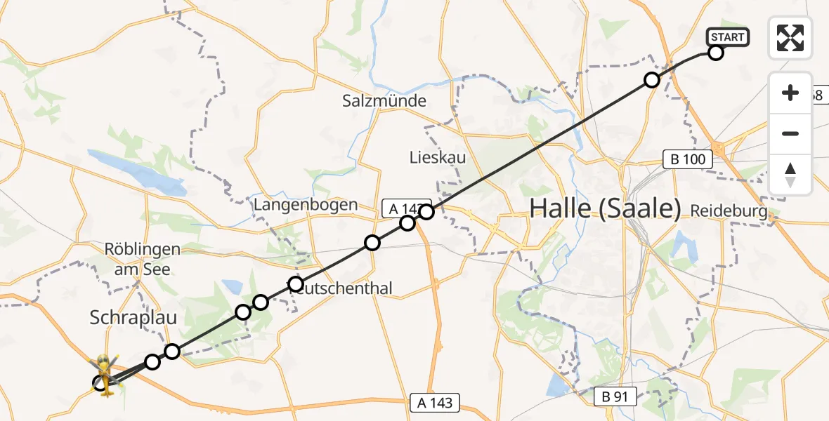 Flugroute Rettungshubschrauber Halle-Oppin Flugplatz - Obhausen, 23 Juni 2026, 11:53