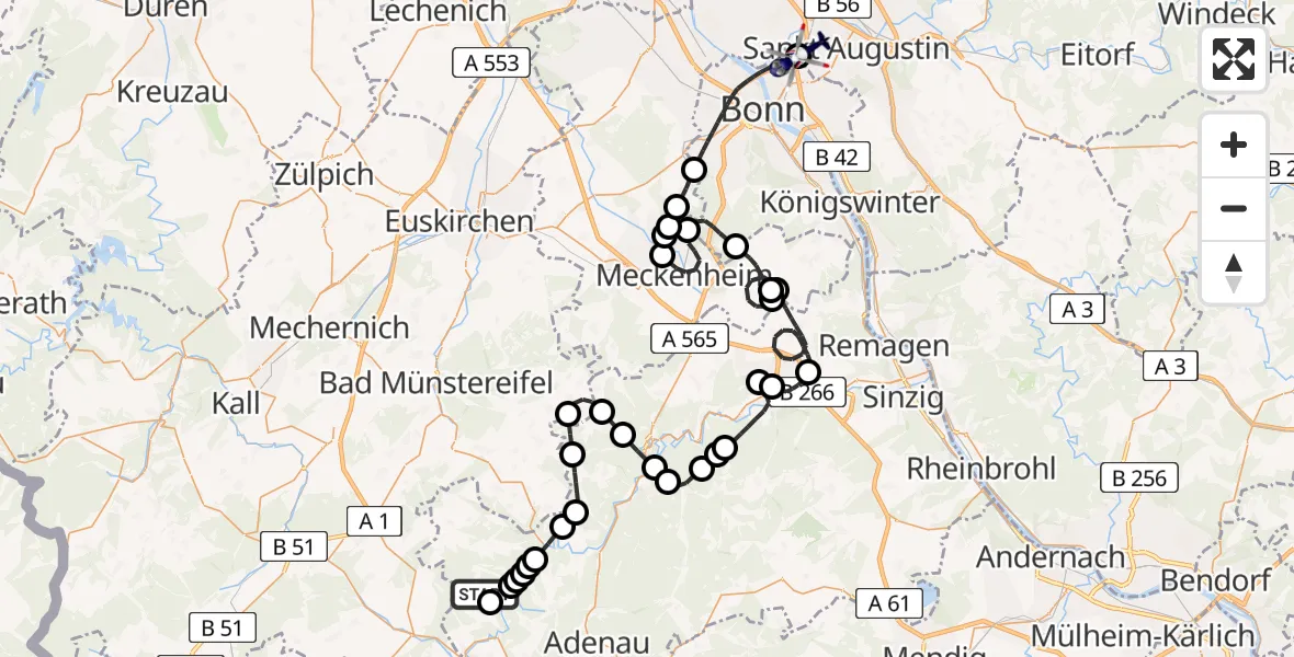 Flugroute Polizeihubschrauber Aremberg - Sankt Augustin, 23 Juni 2026, 11:54