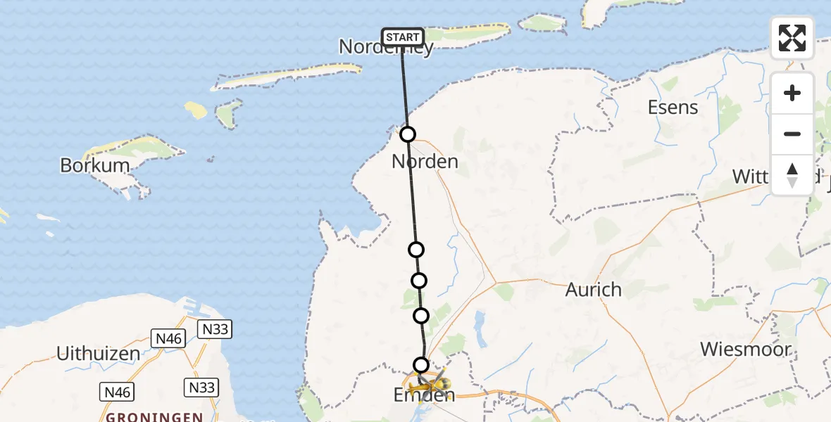 Flugroute Rettungshubschrauber Noordzee - Emden, 23 Juni 2026, 11:56