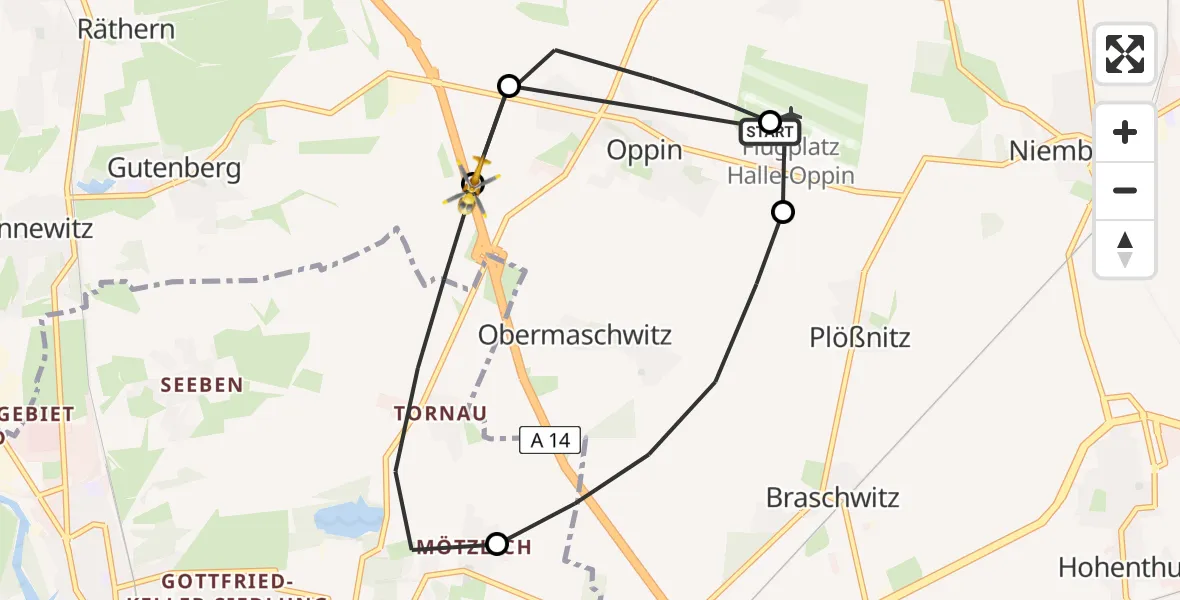 Flugroute Rettungshubschrauber Halle-Oppin Flugplatz - Landsberg, 23 Juni 2026, 11:57