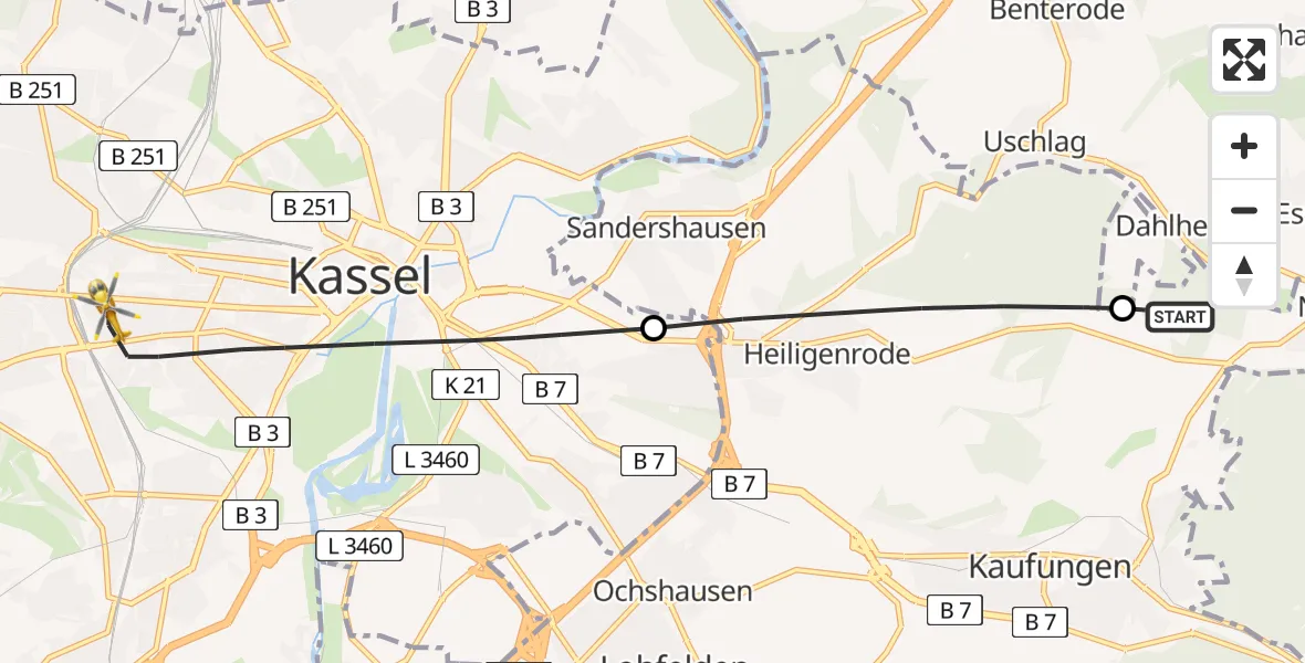 Flugroute Rettungshubschrauber Nieste - Kassel, 23 Juni 2026, 11:58