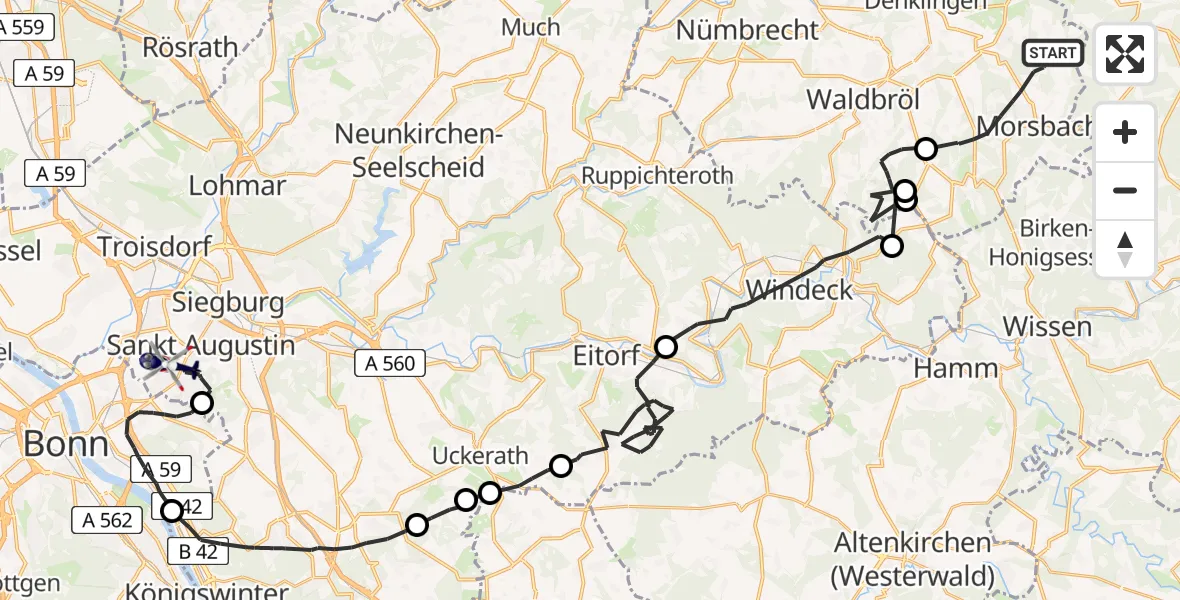 Flugroute Polizeihubschrauber Morsbach - Sankt Augustin, 23 Juni 2026, 12:04