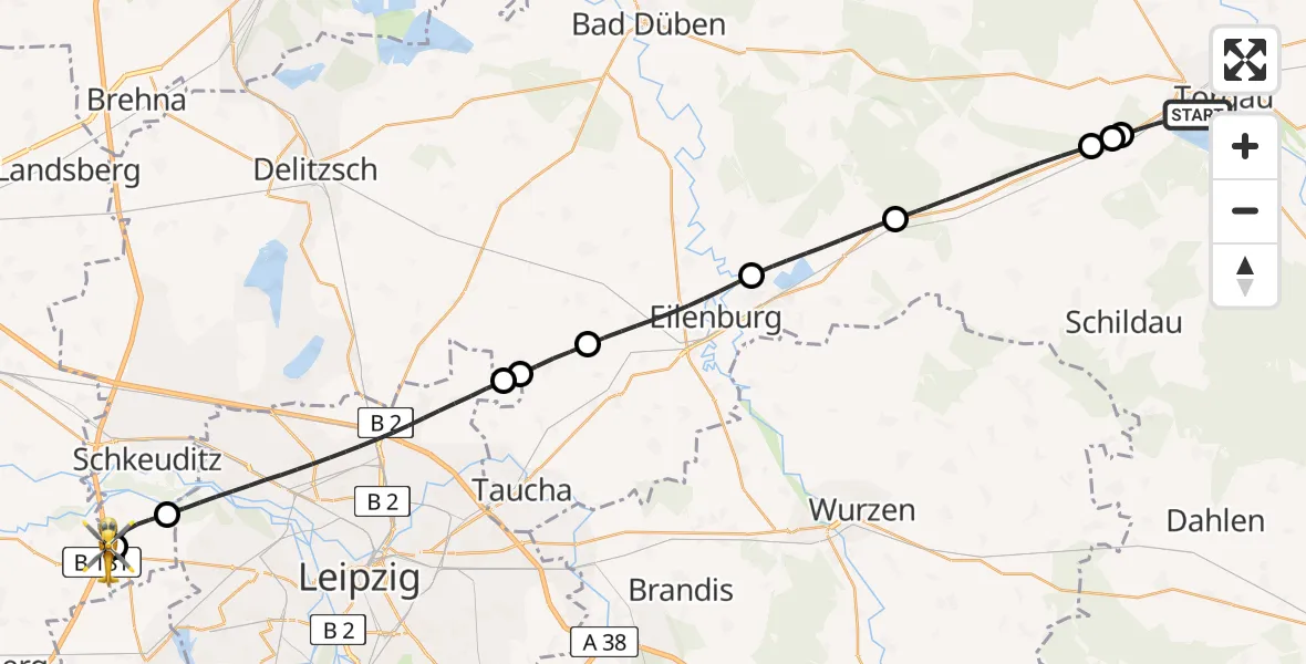 Flugroute Rettungshubschrauber Torgau - ADAC Air Rescue Station Leipzig/Schkeuditz-Dölzig Hubschrauberlandeplatz (Christoph 61), 23 Juni 2026, 12:07