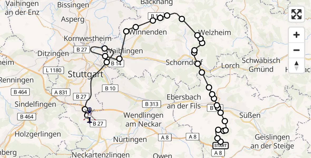 Flugroute Polizeihubschrauber Gruibingen - Flughafen Stuttgart, 23 Juni 2026, 12:08