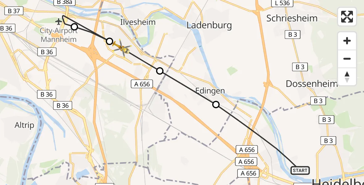 Flugroute Rettungshubschrauber Heidelberg - Mannheim, 23 Juni 2026, 12:09