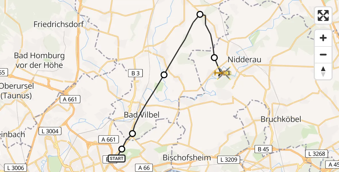 Flugroute Rettungshubschrauber Frankfurt am Main Accident Hospital Roof Helipad (CHX2) - Schöneck, 23 Juni 2026, 12:13