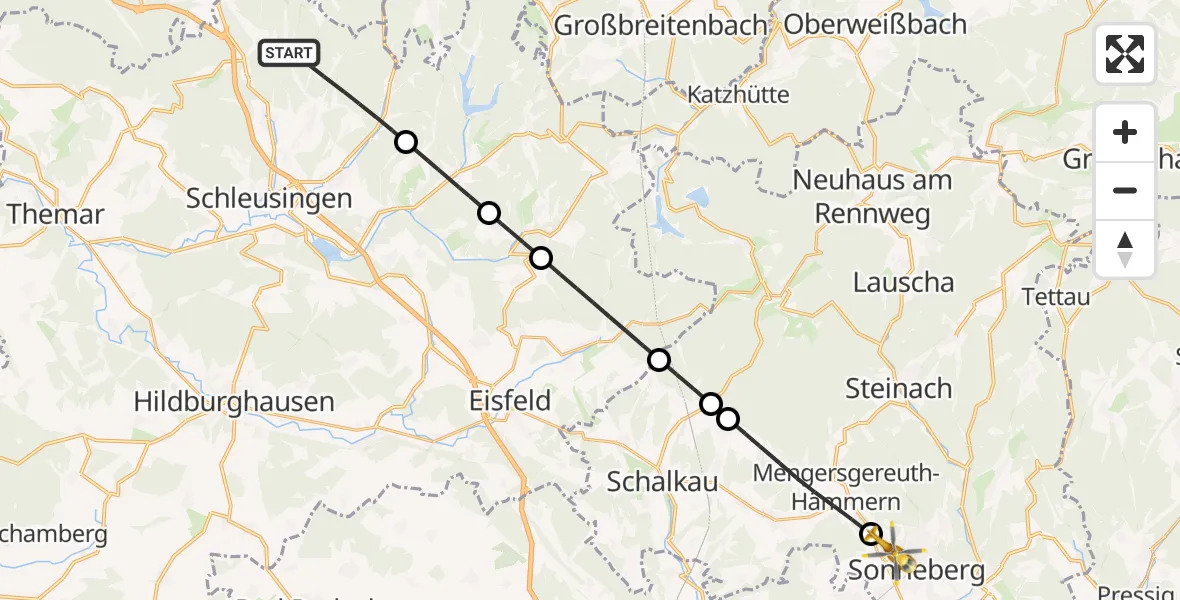 Flugroute Rettungshubschrauber Schleusingen - Sonneberg, 23 Juni 2026, 12:13
