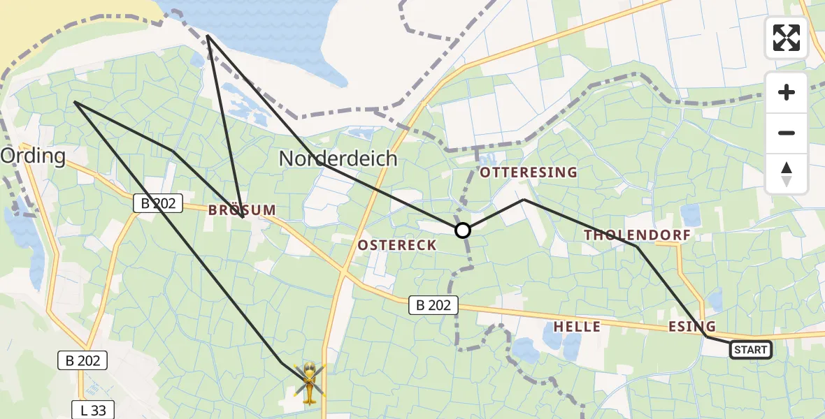 Flugroute Ambulanzhubschrauber Tating - Sankt Peter-Ording, 23 Juni 2026, 12:19