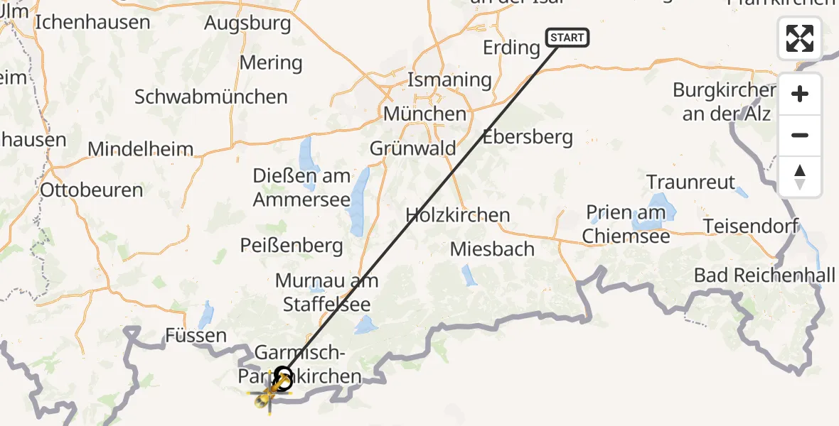 Flugroute Rettungshubschrauber Taufkirchen (Vils) - Grainau, 23 Juni 2026, 12:24