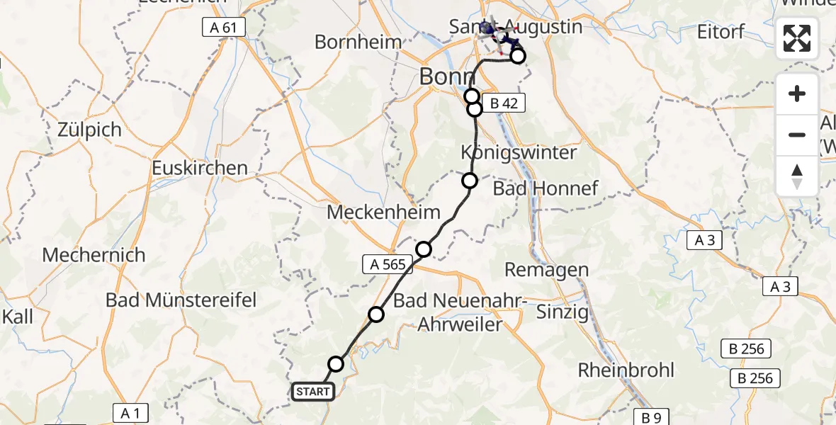 Flugroute Polizeihubschrauber Lind - Bonn-Hangelar Flugplatz, 23 Juni 2026, 12:30