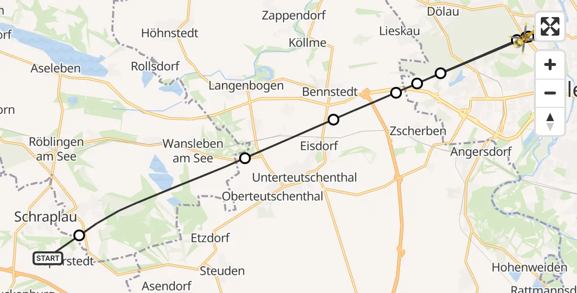 Flugroute Rettungshubschrauber Obhausen - Halle (Saale) University Hospital, 23 Juni 2026, 12:32
