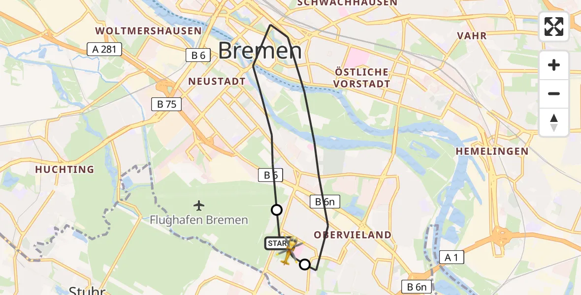 Flugroute Rettungshubschrauber ADAC Air Rescue Station Bremen Hubschrauberlandeplatz (Christoph 6) - ADAC Air Rescue Station Bremen Hubschrauberlandeplatz (Christoph 6), 23 Juni 2026, 12:38