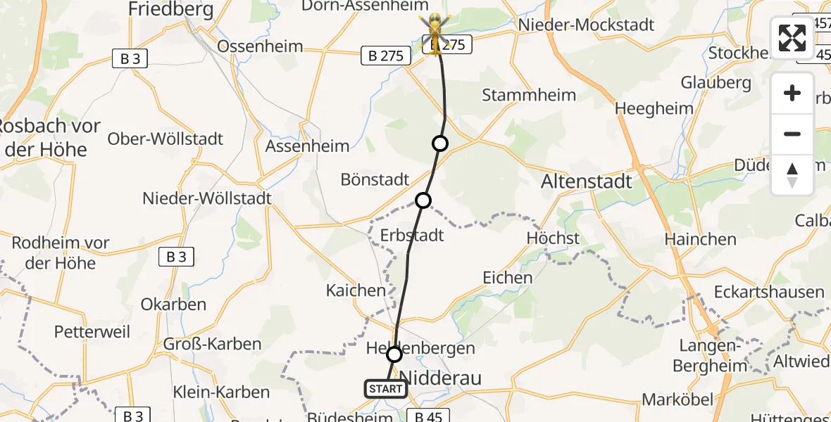 Flugroute Rettungshubschrauber Schöneck - Florstadt, 23 Juni 2026, 12:40