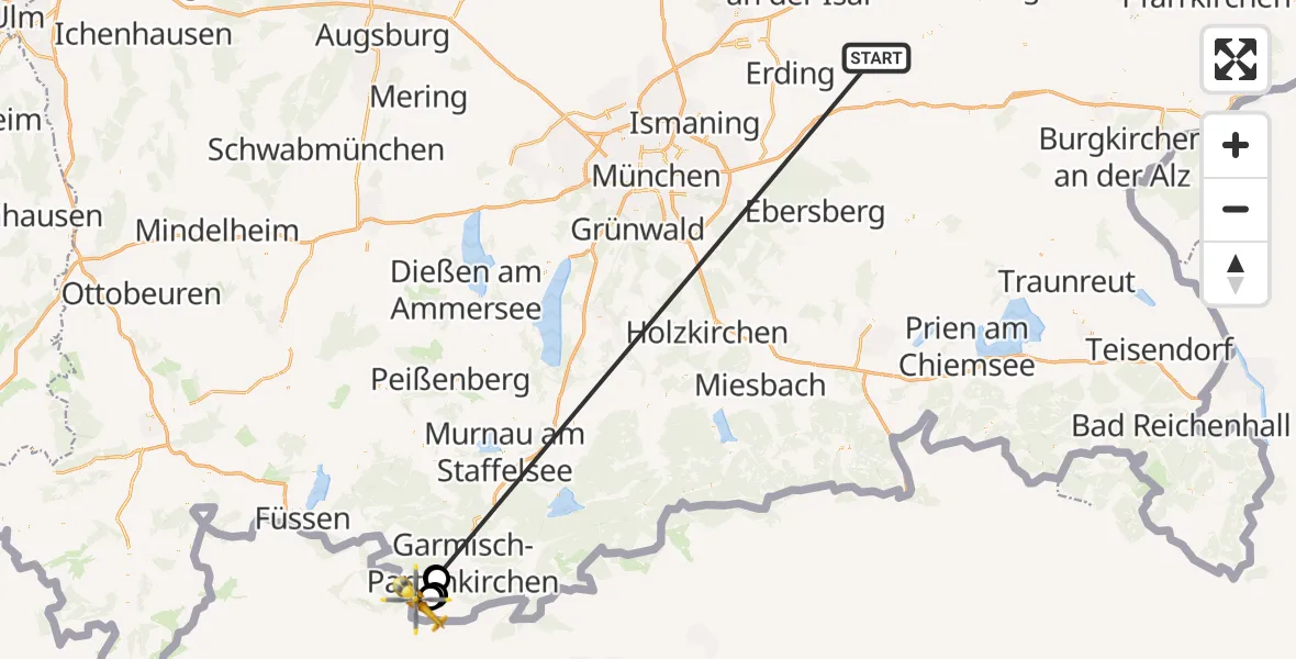 Flugroute Rettungshubschrauber Taufkirchen (Vils) - Grainau, 23 Juni 2026, 12:40