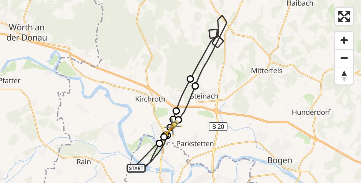 Flugroute Ambulanzhubschrauber Straubing - Parkstetten, 23 Juni 2026, 12:42